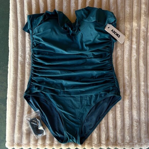 DKNY Ruffle Bandeau One-Piece Swimsuit Teal Blue Green Size L NWT - Picture 2 of 6